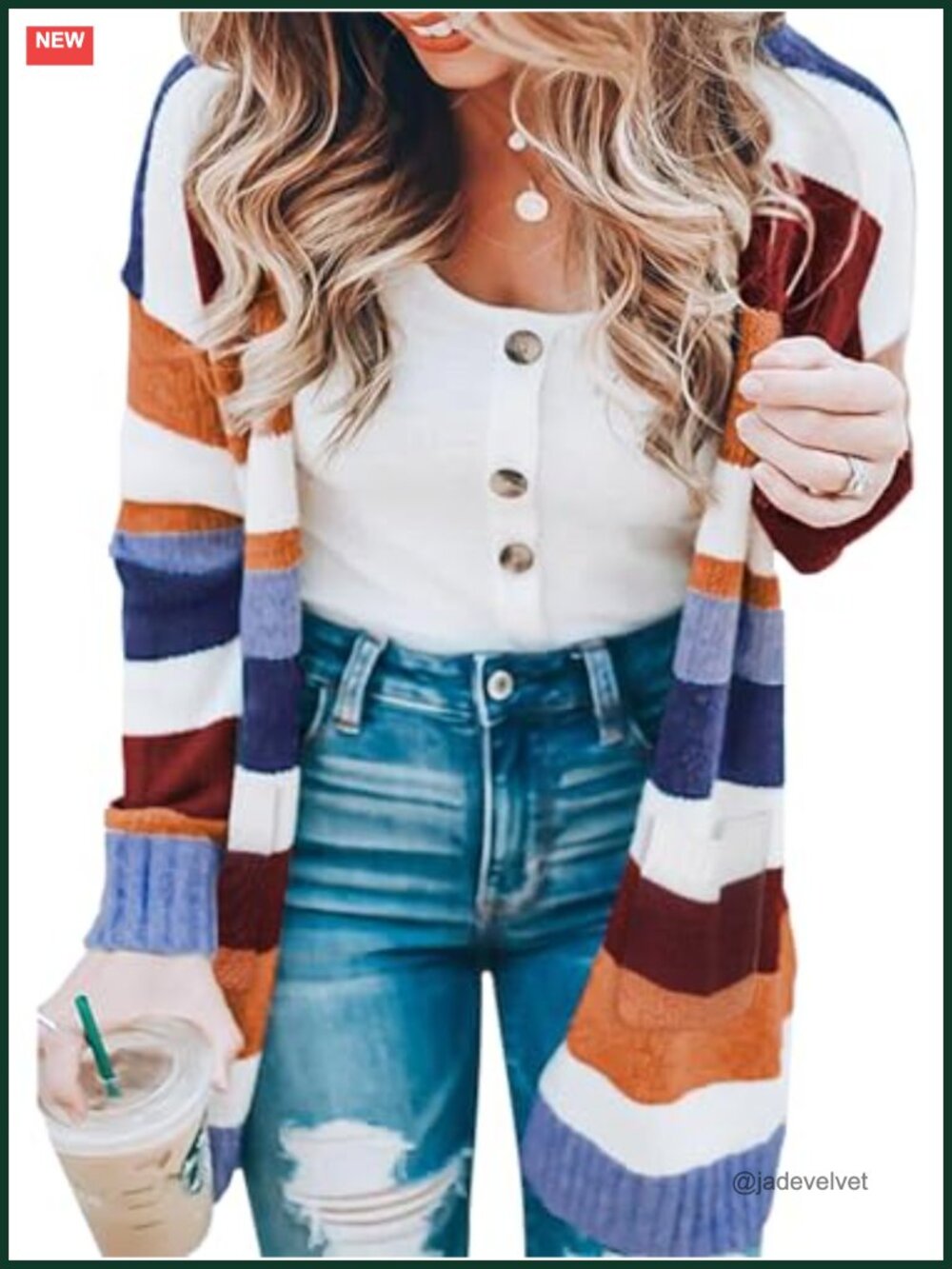 Striped Knit Long Sleeve Open Front Cardigan V-Neck Loose Fit Fall Casual